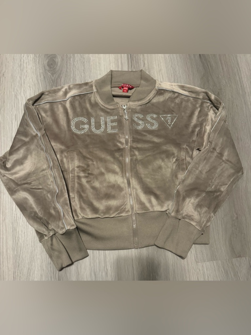 GUESS Taupe Velour Rhinestone Logo Zip Jacket-girls 14